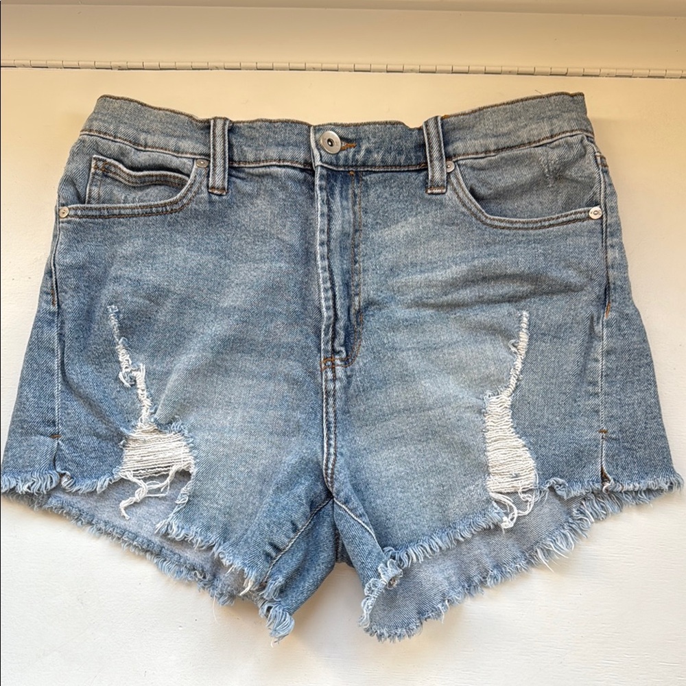 Blue Distressed Jean Shorts with Raw Hem